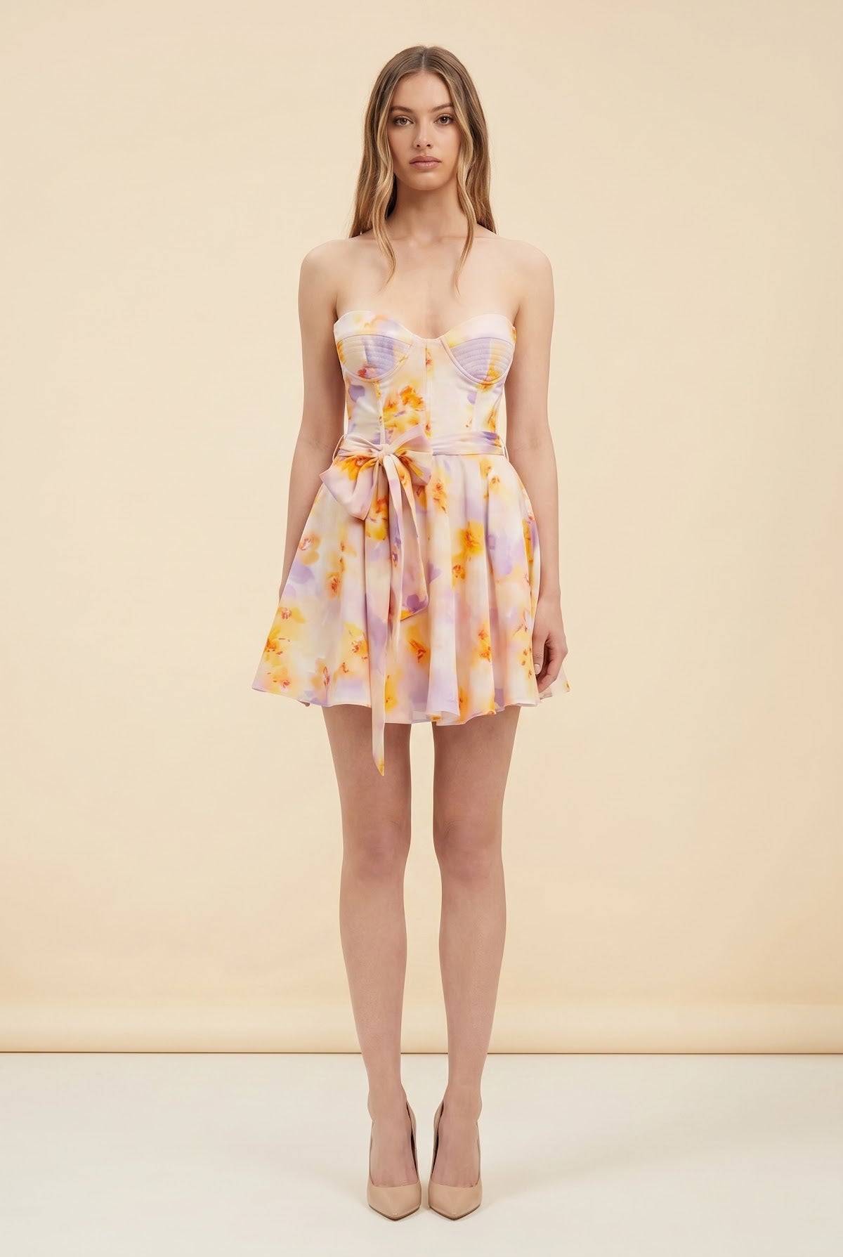 Malia Floral Corset Strapless Minidress — on model