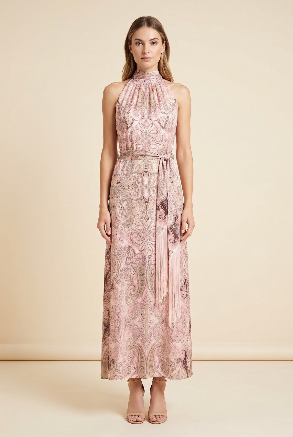 Annie Silk Halter Dress — on model