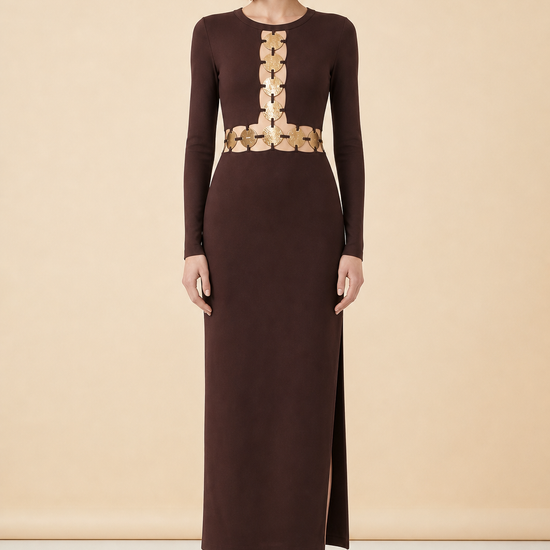 Delphine Dress — Dark Chocolate by Staud — on model