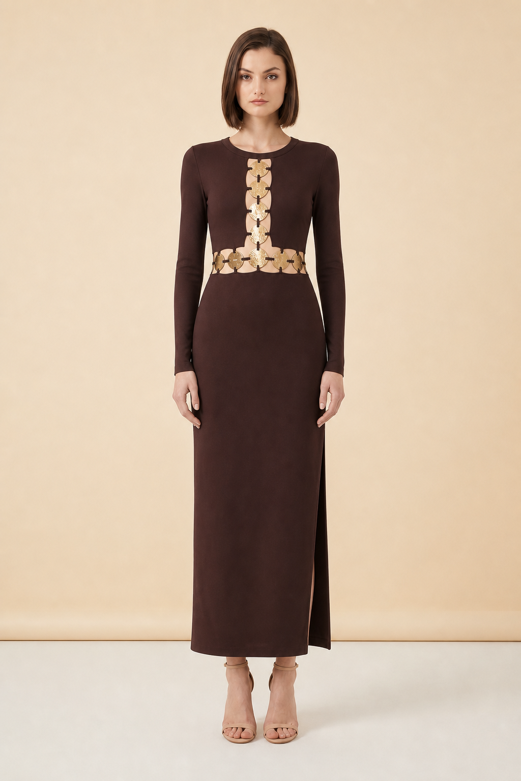 Delphine Dress — Dark Chocolate by Staud — on model