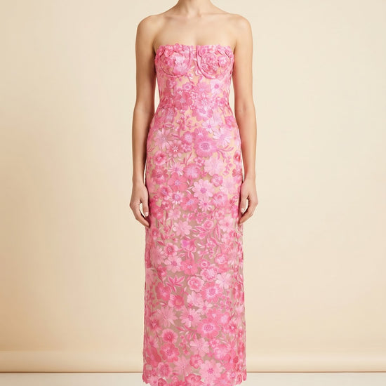 Strapless Floral Embroidered Midi Dress — back view