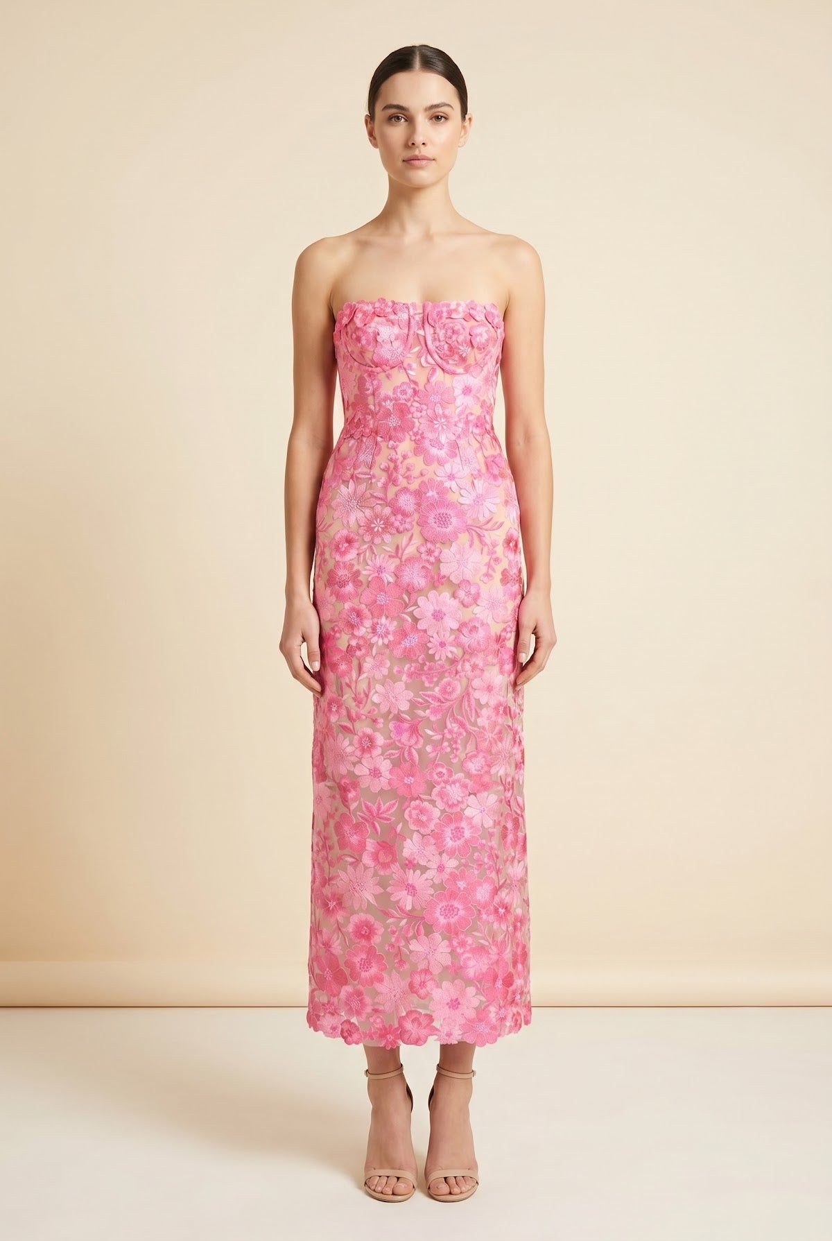 Strapless Floral Embroidered Midi Dress — back view