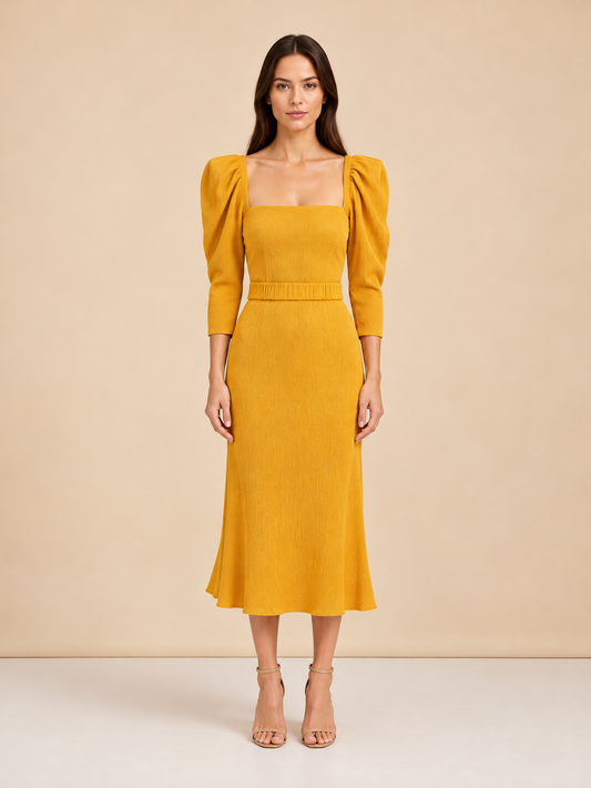 Johanna Ortiz Lotus & Beetle Midi Dress mustard front