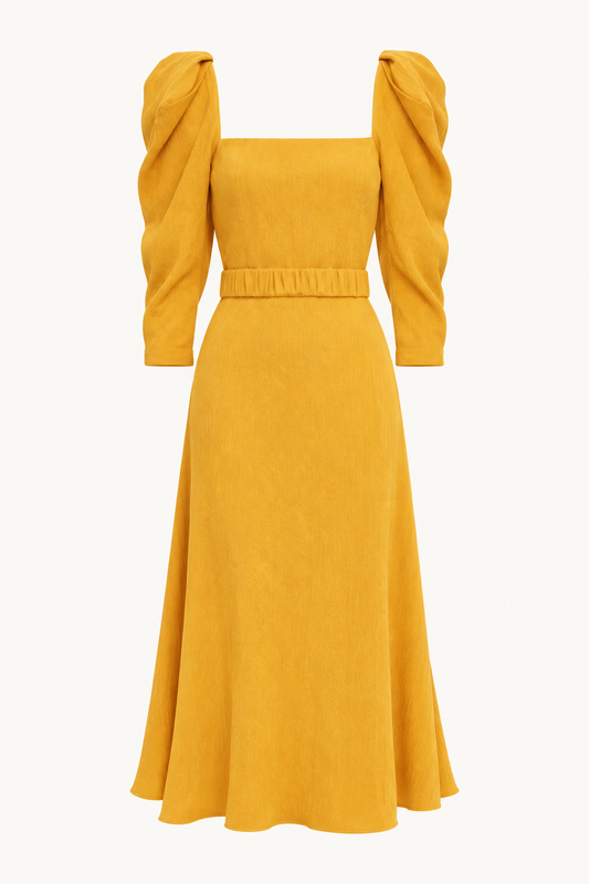 Johanna Ortiz Lotus & Beetle Midi Dress mustard full length