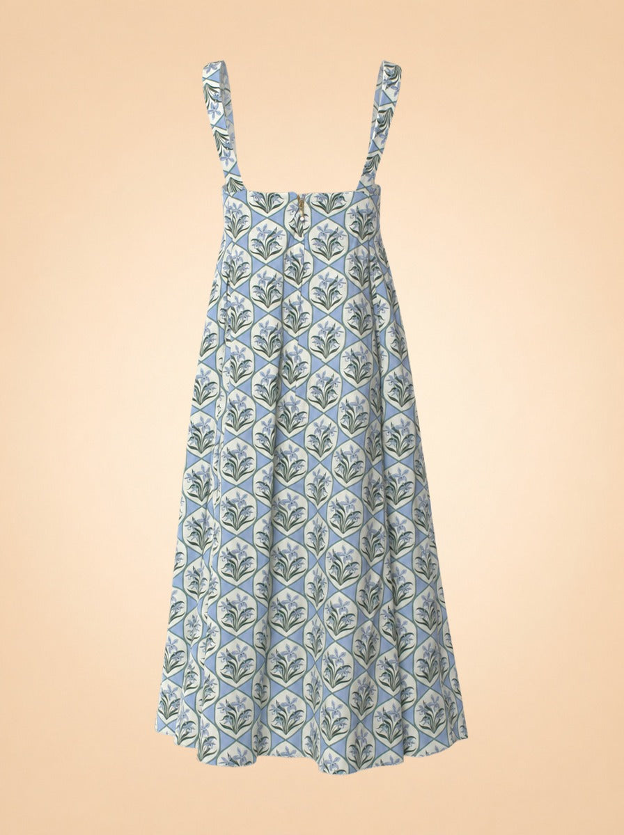 Blue Floral Tile Pintuck Midi Dress — ghost back