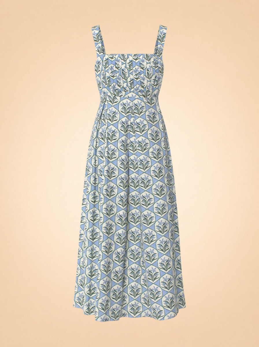 Blue Floral Tile Pintuck Midi Dress — ghost front