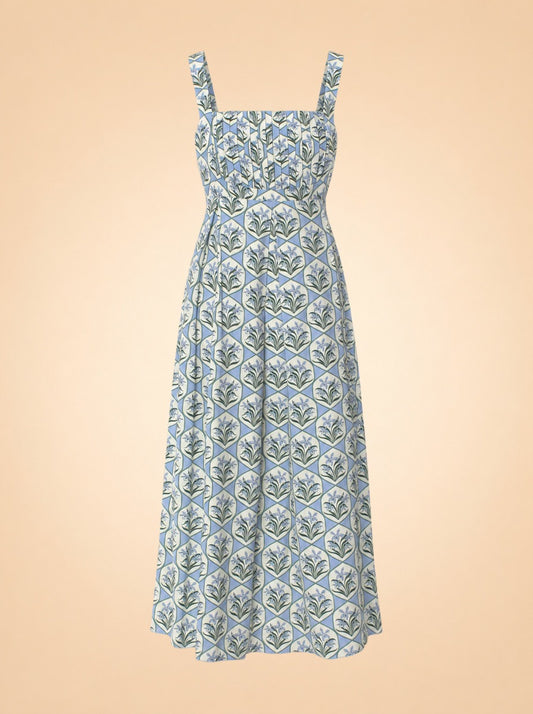 Blue Floral Tile Pintuck Midi Dress — ghost front