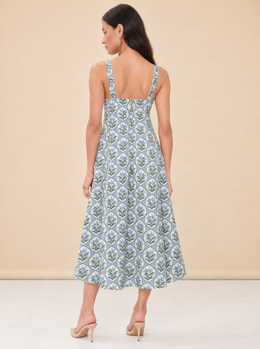 Blue Floral Tile Pintuck Midi Dress — model back