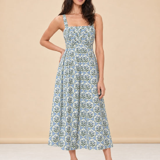 Blue Floral Tile Pintuck Midi Dress — model front 2