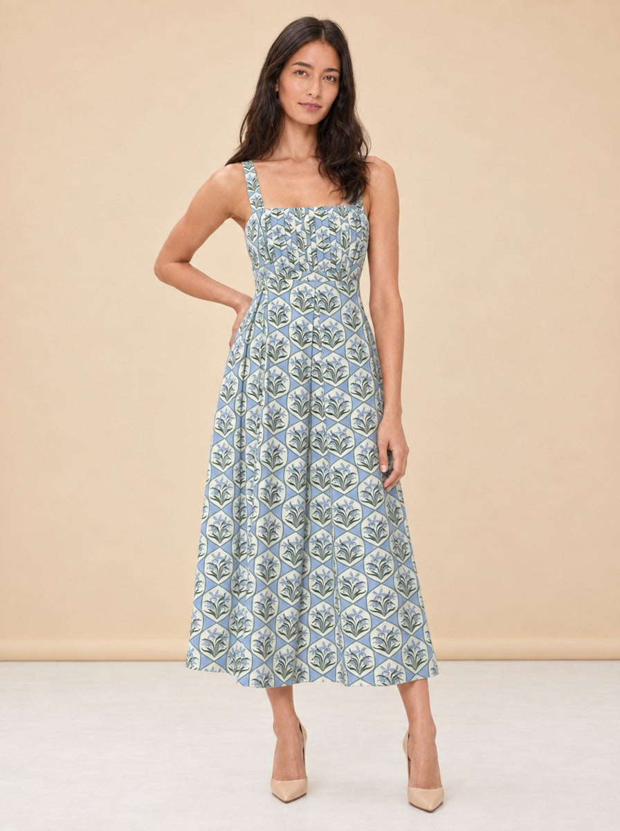 Blue Floral Tile Pintuck Midi Dress — model front 2