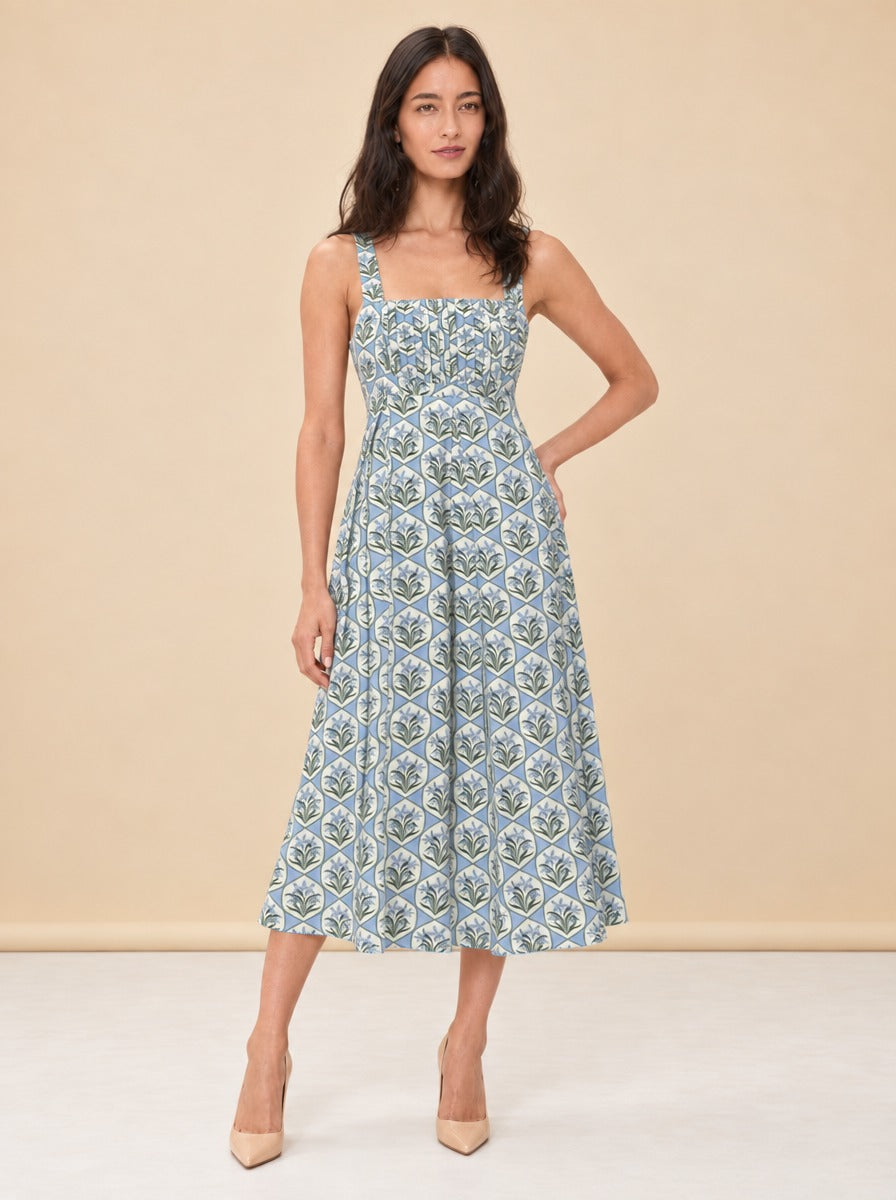 Blue Floral Tile Pintuck Midi Dress — model front 3