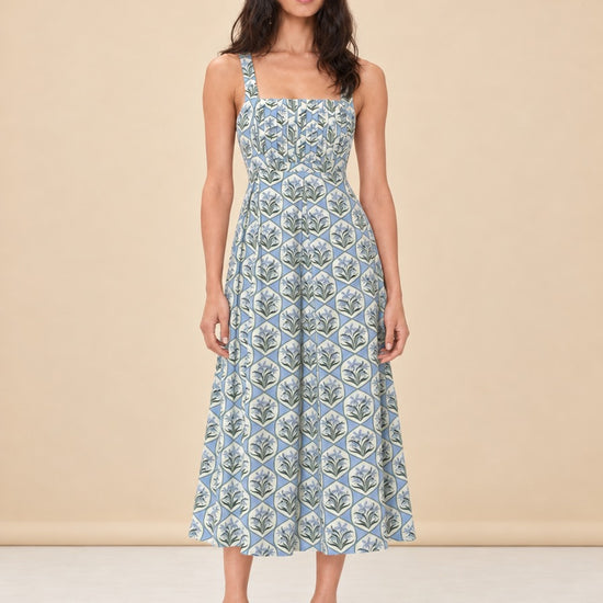 Blue Floral Tile Pintuck Midi Dress — model front