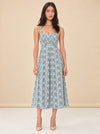 Blue Floral Tile Pintuck Midi Dress — model front