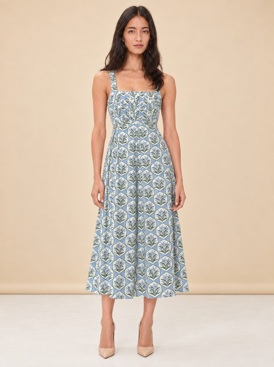 Blue Floral Tile Pintuck Midi Dress — model front