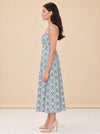Blue Floral Tile Pintuck Midi Dress — model side