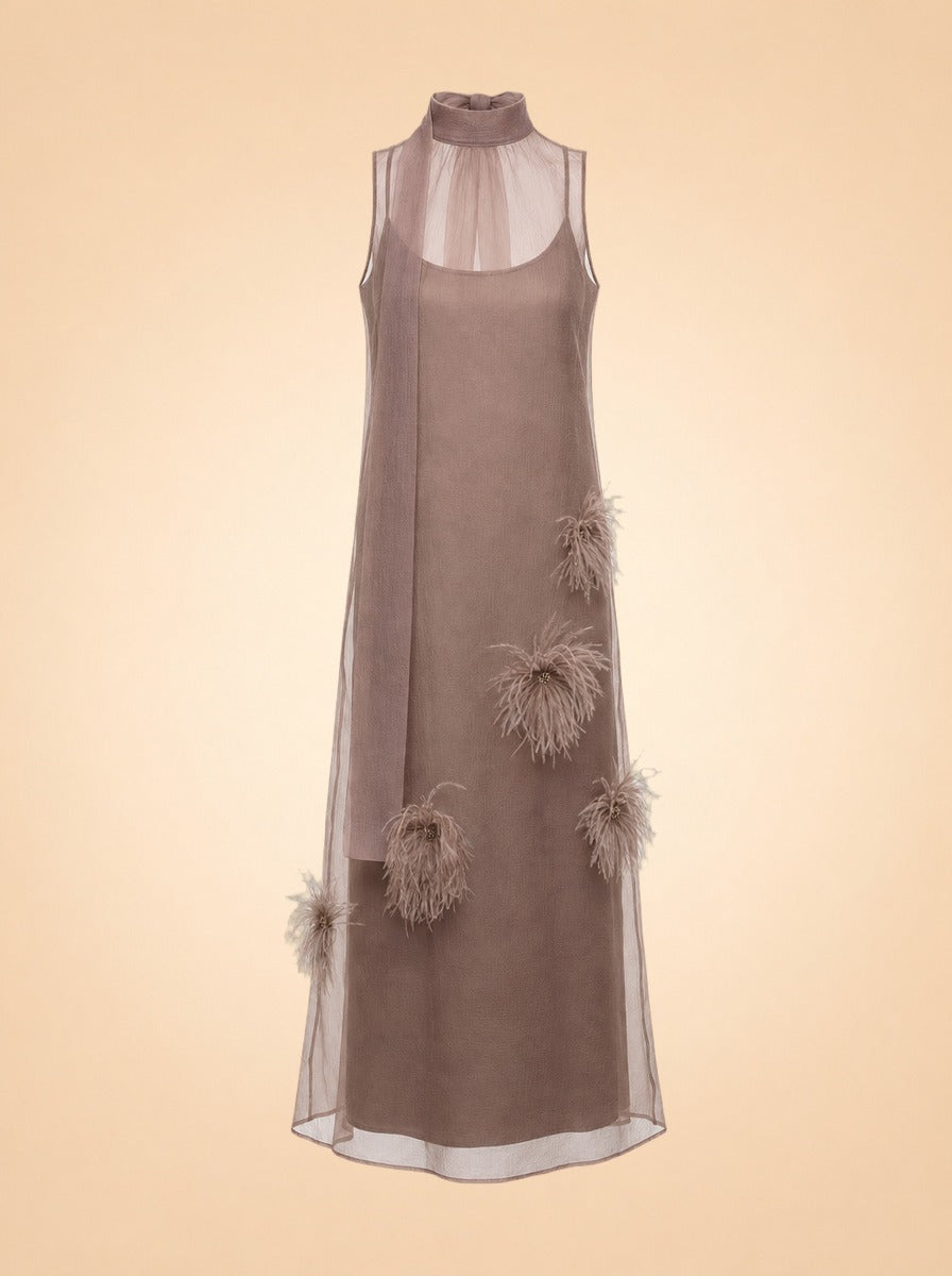 Albee Feather Organza Maxi Dress — ghost front