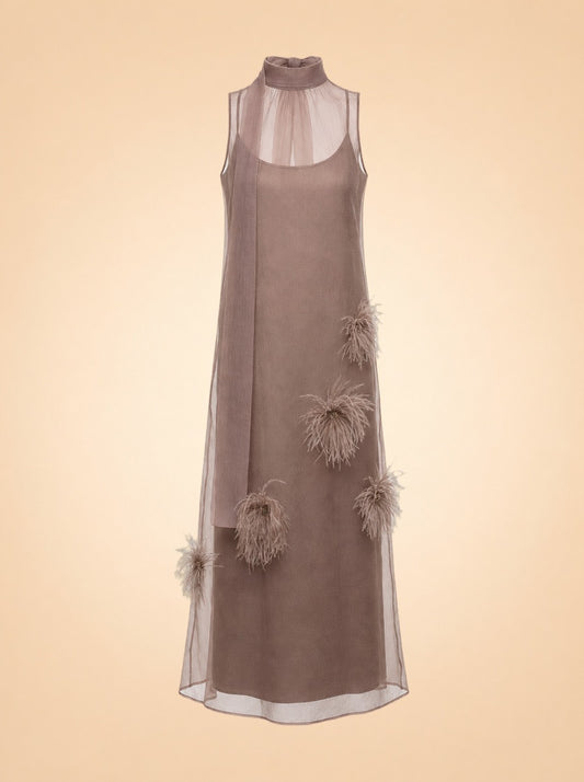 Albee Feather Organza Maxi Dress — ghost front