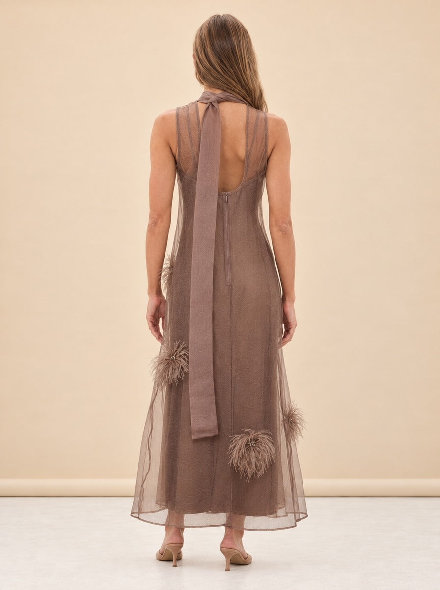 Albee Feather Organza Maxi Dress — model back
