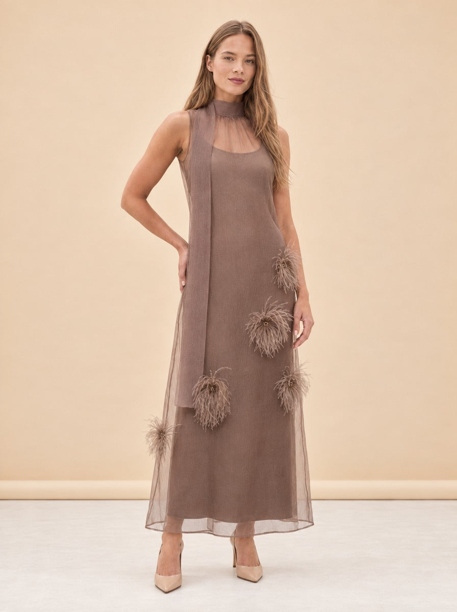 Albee Feather Organza Maxi Dress — model front 3