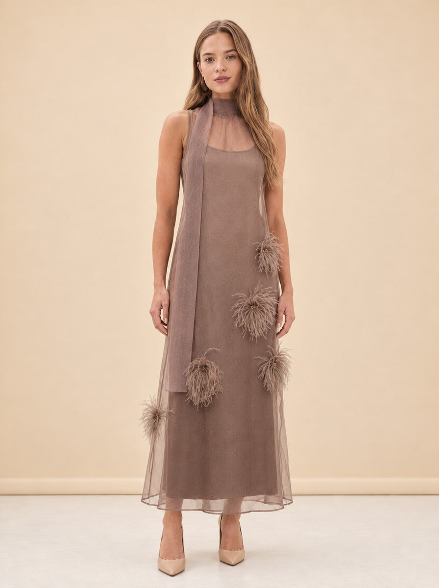 Albee Feather Organza Maxi Dress — model front