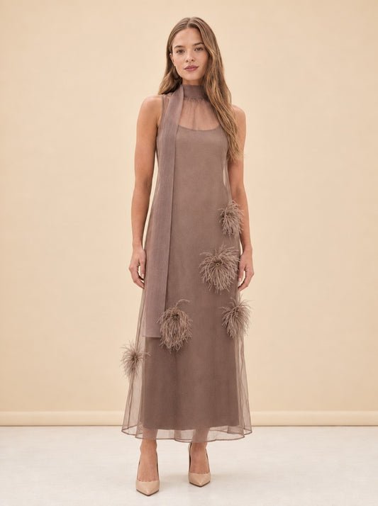 Albee Feather Organza Maxi Dress — model front