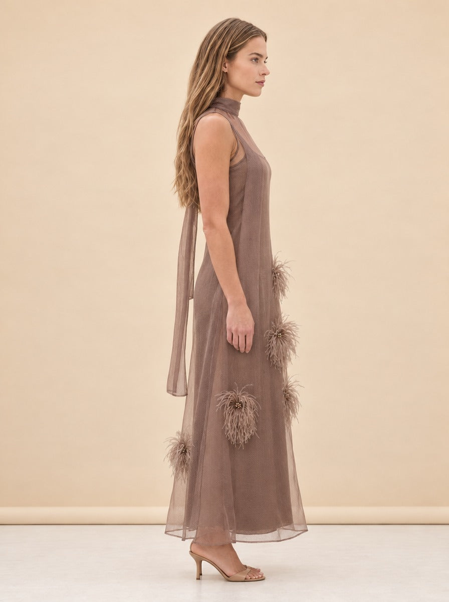 Albee Feather Organza Maxi Dress — model side