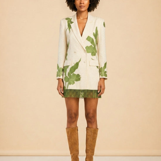 ALEX BLAZER DRESS IN IVORY WTH GREEN APPLIQUÉ model_front
