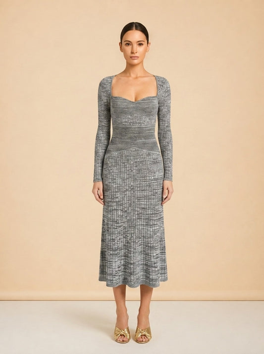 Heather Grey Ribbed Knit Midi Dress