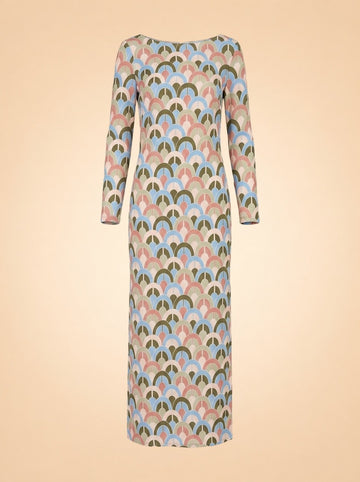 Aria Geo-Print Crepe Midi Dress in Geo Moss