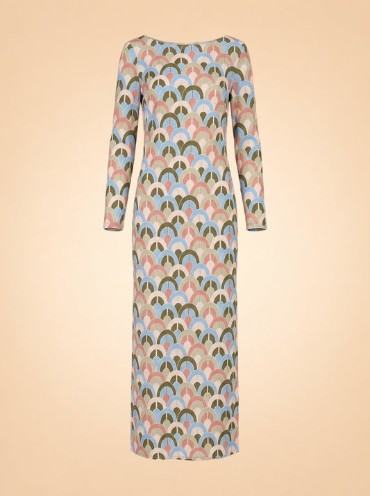 Aria Geo-Print Crepe Midi Dress in Geo Moss