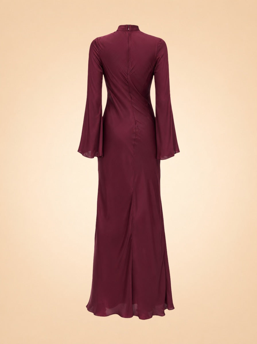 Bias-Cut Mock Neck Bell-Sleeve Maxi Dress — ghost back
