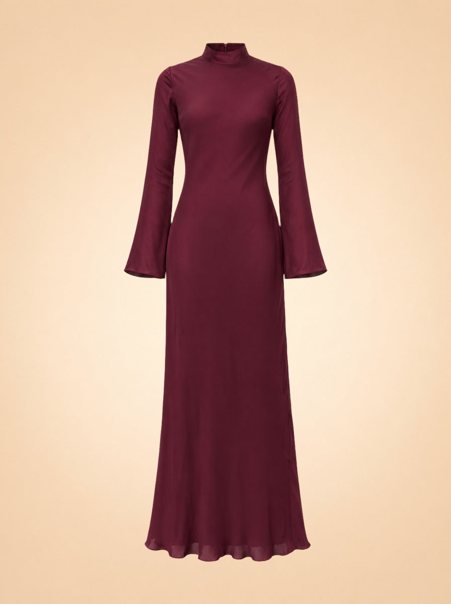 Bias-Cut Mock Neck Bell-Sleeve Maxi Dress — ghost front