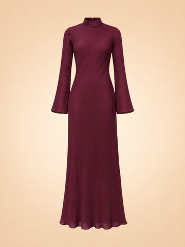 Bias-Cut Mock Neck Bell-Sleeve Maxi Dress — ghost front