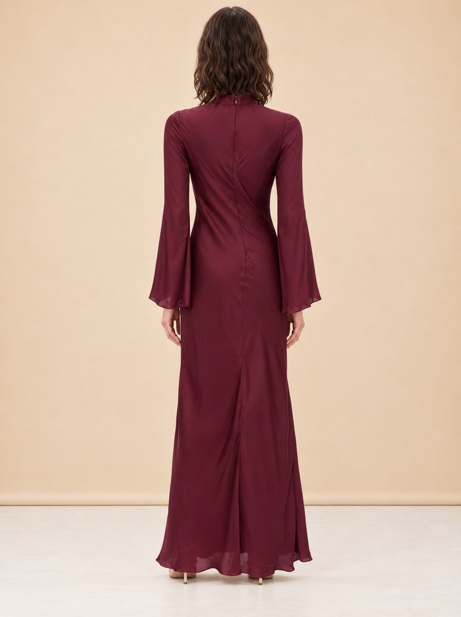Bias-Cut Mock Neck Bell-Sleeve Maxi Dress — model back