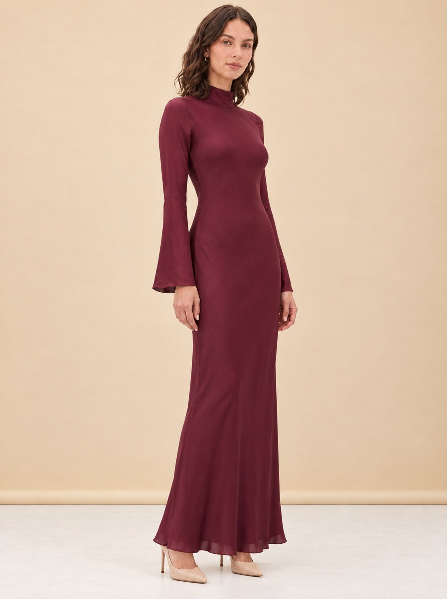 Bias-Cut Mock Neck Bell-Sleeve Maxi Dress — model front 2