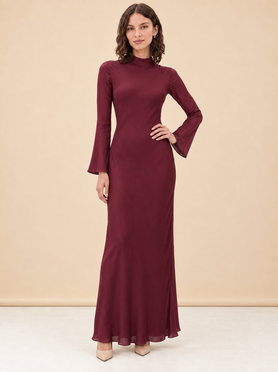 Bias-Cut Mock Neck Bell-Sleeve Maxi Dress — model front 3