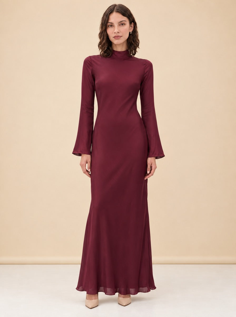 Bias-Cut Mock Neck Bell-Sleeve Maxi Dress — model front