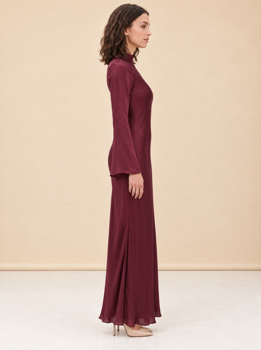 Bias-Cut Mock Neck Bell-Sleeve Maxi Dress — model side