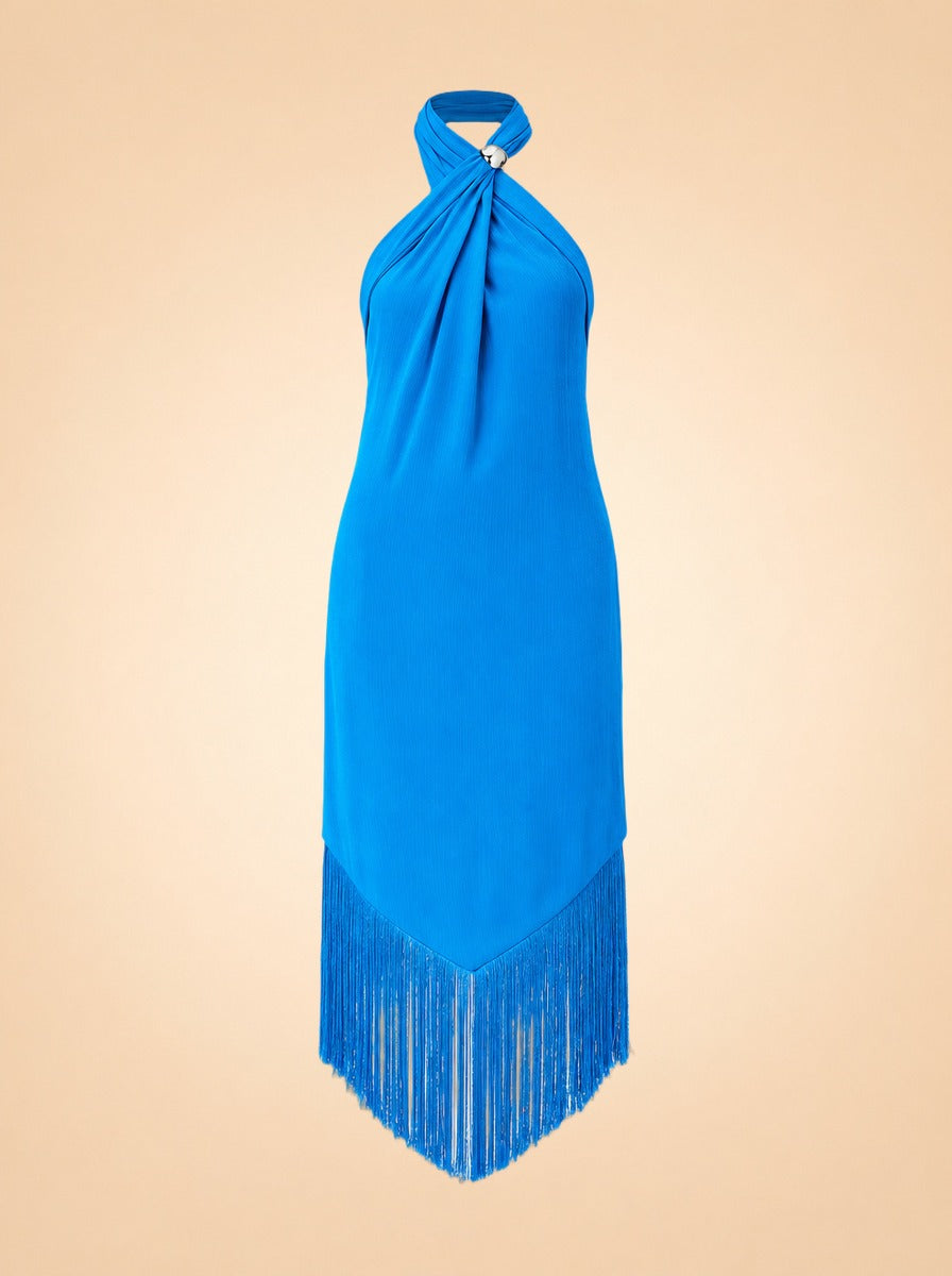 Margarita Fringe Halter Midi Dress — ghost front