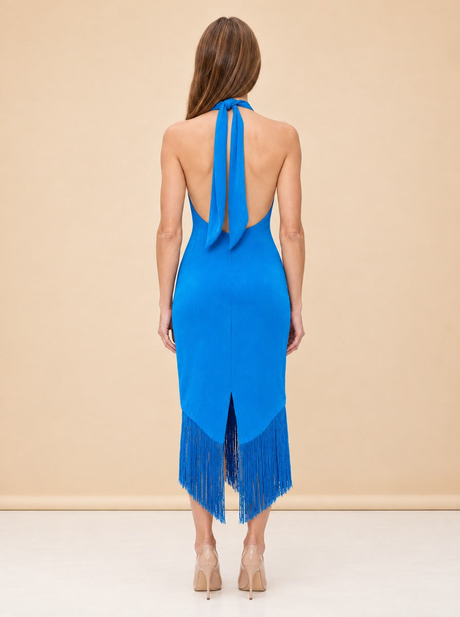 Margarita Fringe Halter Midi Dress — model back