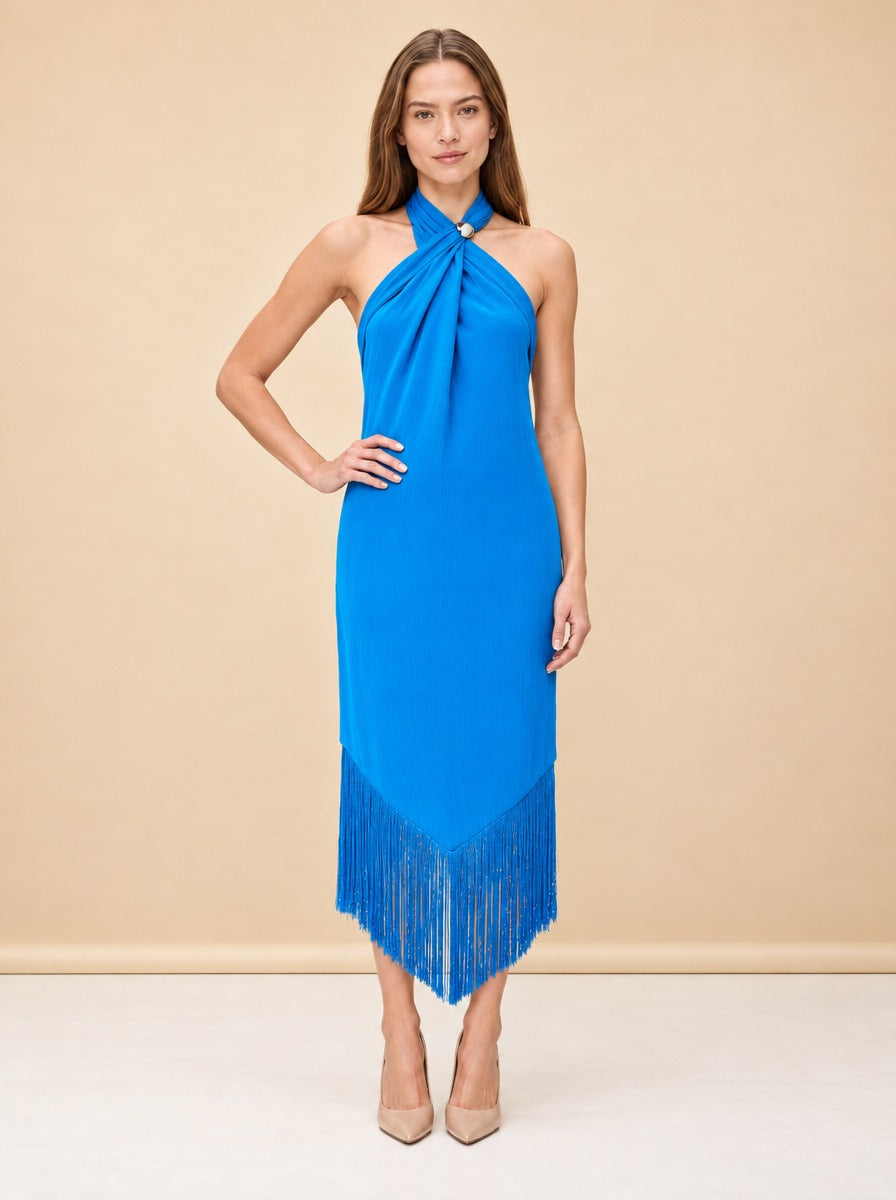 Margarita Fringe Halter Midi Dress — model front 2