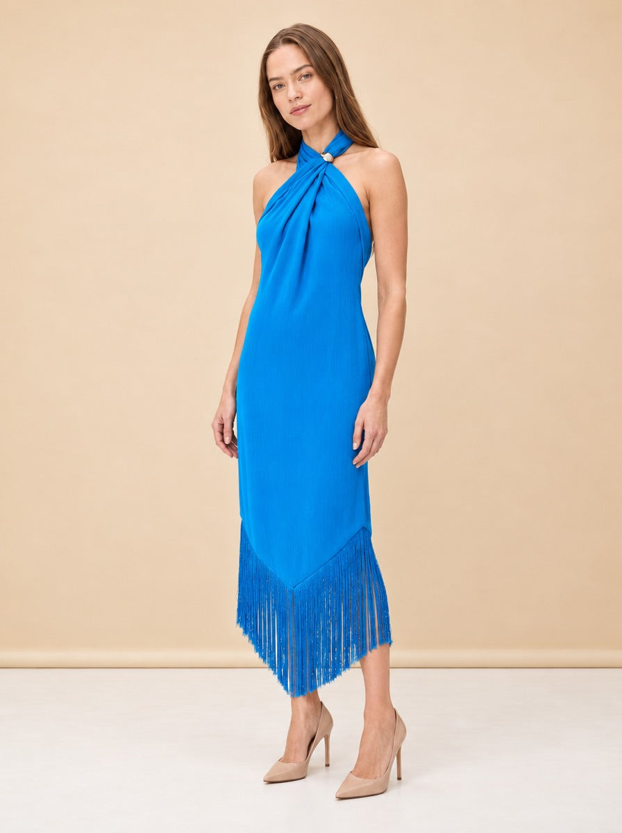 Margarita Fringe Halter Midi Dress — model front 3