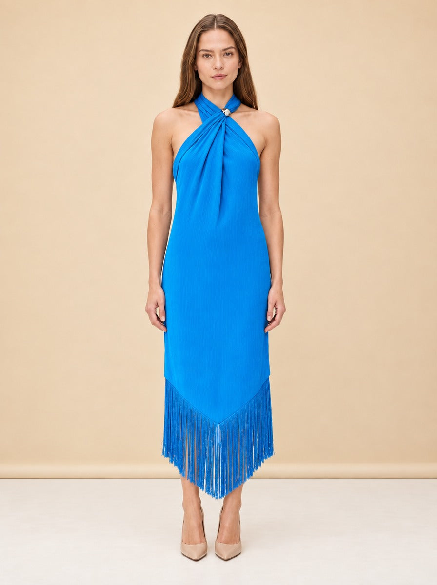 Margarita Fringe Halter Midi Dress — model front