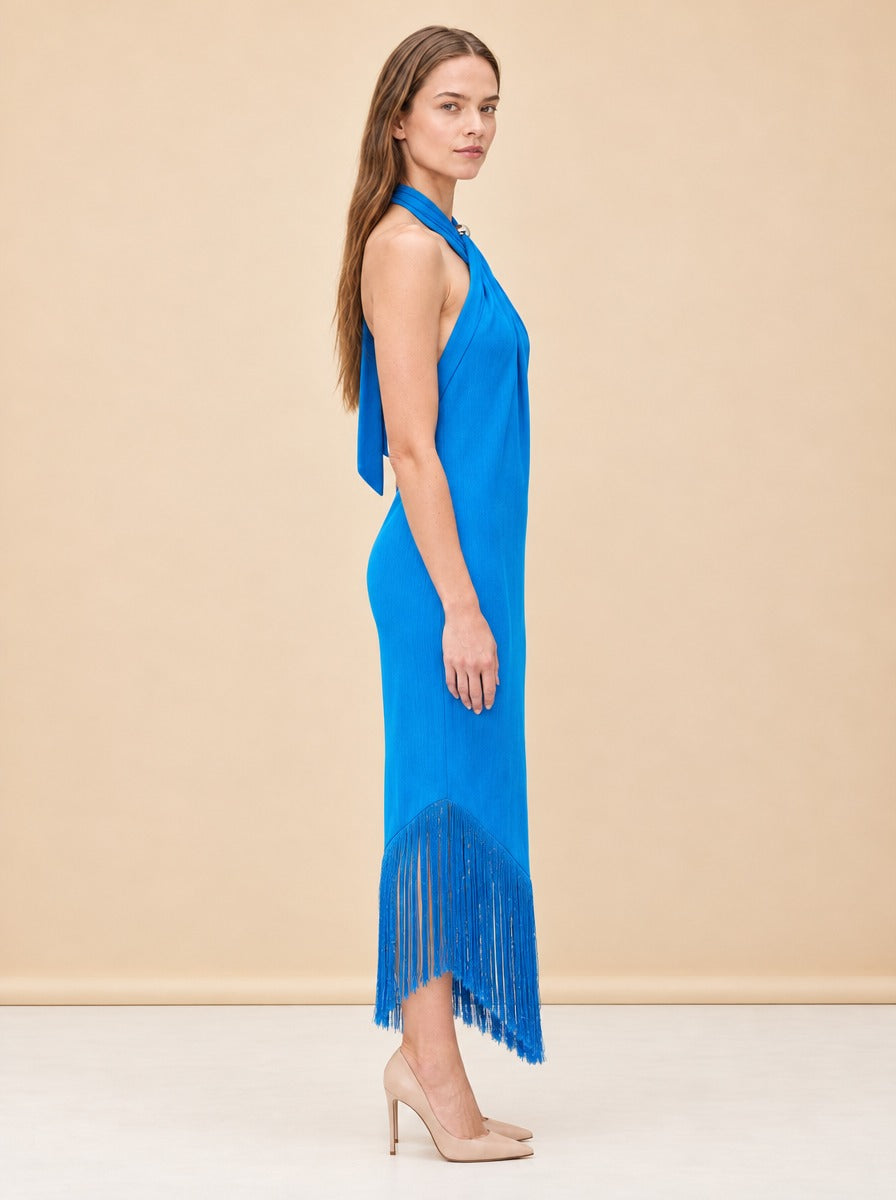 Margarita Fringe Halter Midi Dress — model side