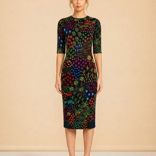 Farm Rio Black Multicolor Floral Print Dress — on model, front
