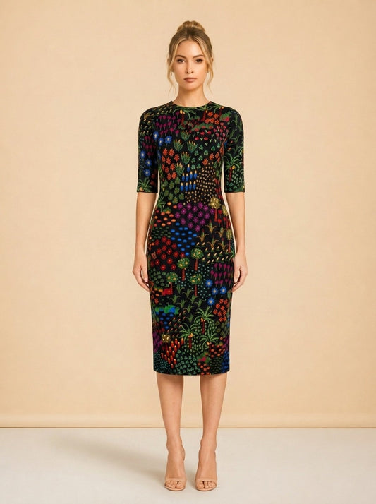 Farm Rio Black Multicolor Floral Print Dress — on model, front