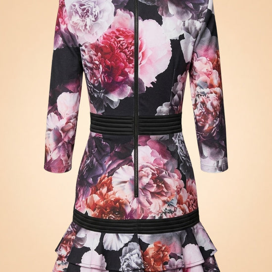 Zhivago Black Peony Floral Plunge Dress (ribbed trim) — back