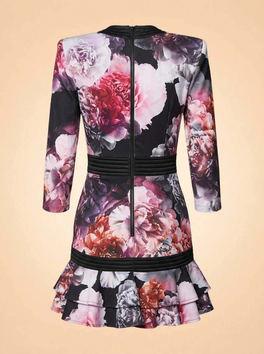 Zhivago Black Peony Floral Plunge Dress (ribbed trim) — back