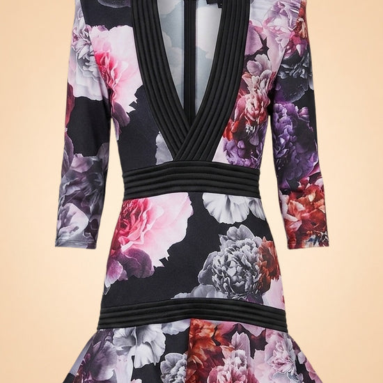 Zhivago Black Peony Floral Plunge Dress (ribbed trim) — front