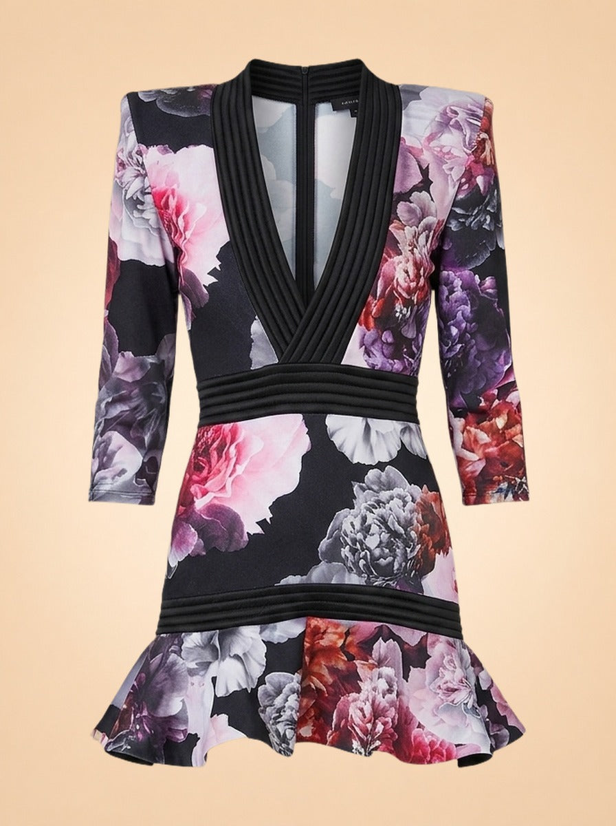 Zhivago Black Peony Floral Plunge Dress (ribbed trim) — front